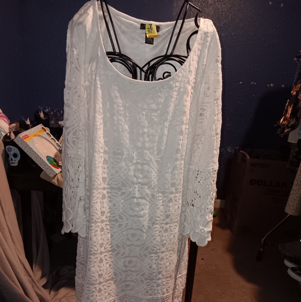 Euc Alfani White Lace And Crochet Dress Sz L Fully Lined Below The Knee